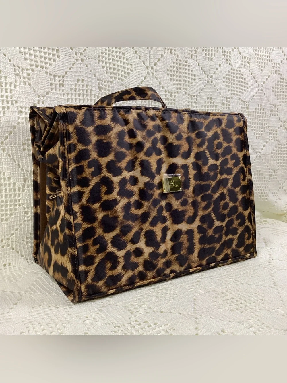 Joy Mangano Leopard Print Cosmetic Train Case with Gold Plaque Extra Large